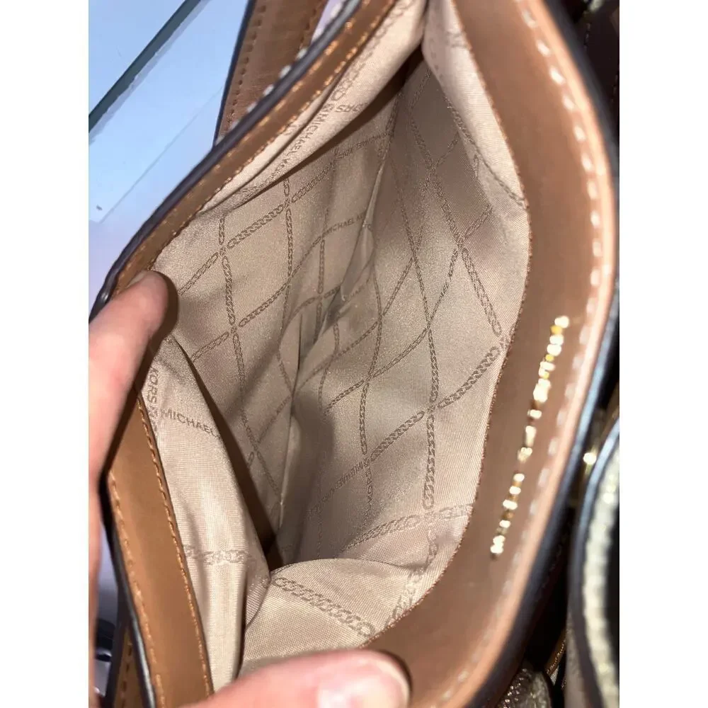 MICHAEL KORS, GOLD CANVAS, BROWN LEATHER TIM SHOULDER BAG